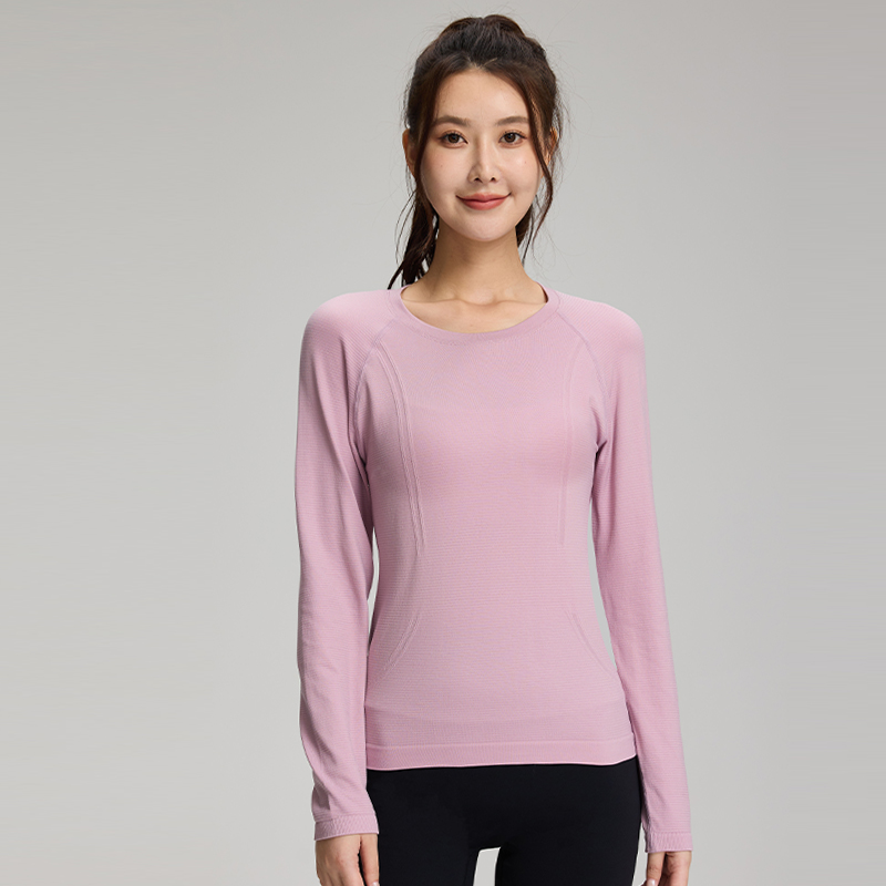 Quick-dry Seamless Slip-Shoulder Long Sleeves Top With Bar Texture Design