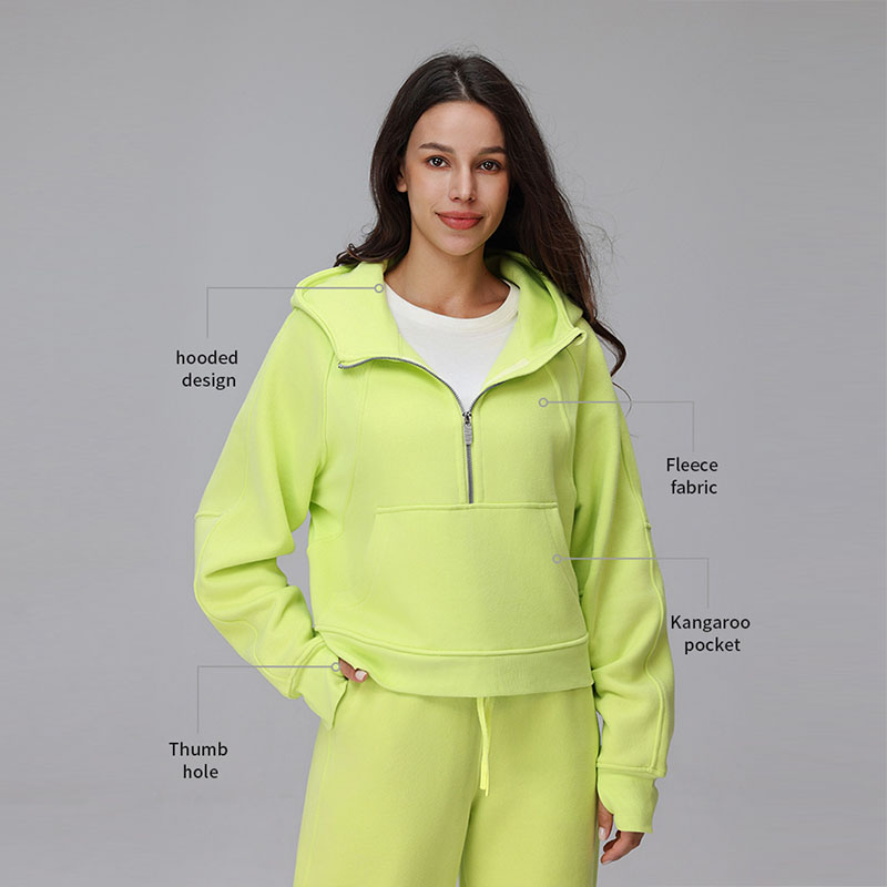 Half-Zip Cropped Fleece Hoodie with Thumb Holes & Kangaroo Pocket