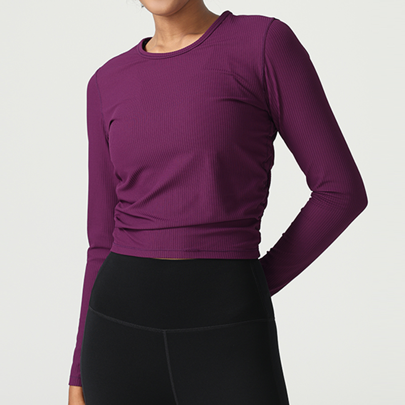Round Neck Slim Fit Ribbed Long Sleeves T-shirt With Side Ruched Designer