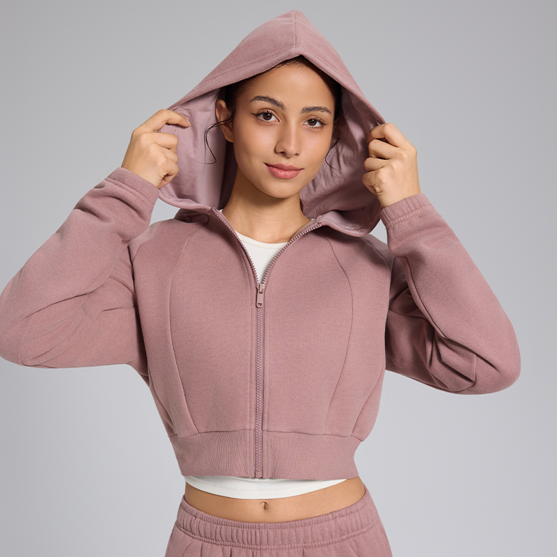 Kort klädd hoodie med dragkedja för kvinnor – anpassad passform, ribbad nederkant, mjuk fjällfoderaktivbeklädnad