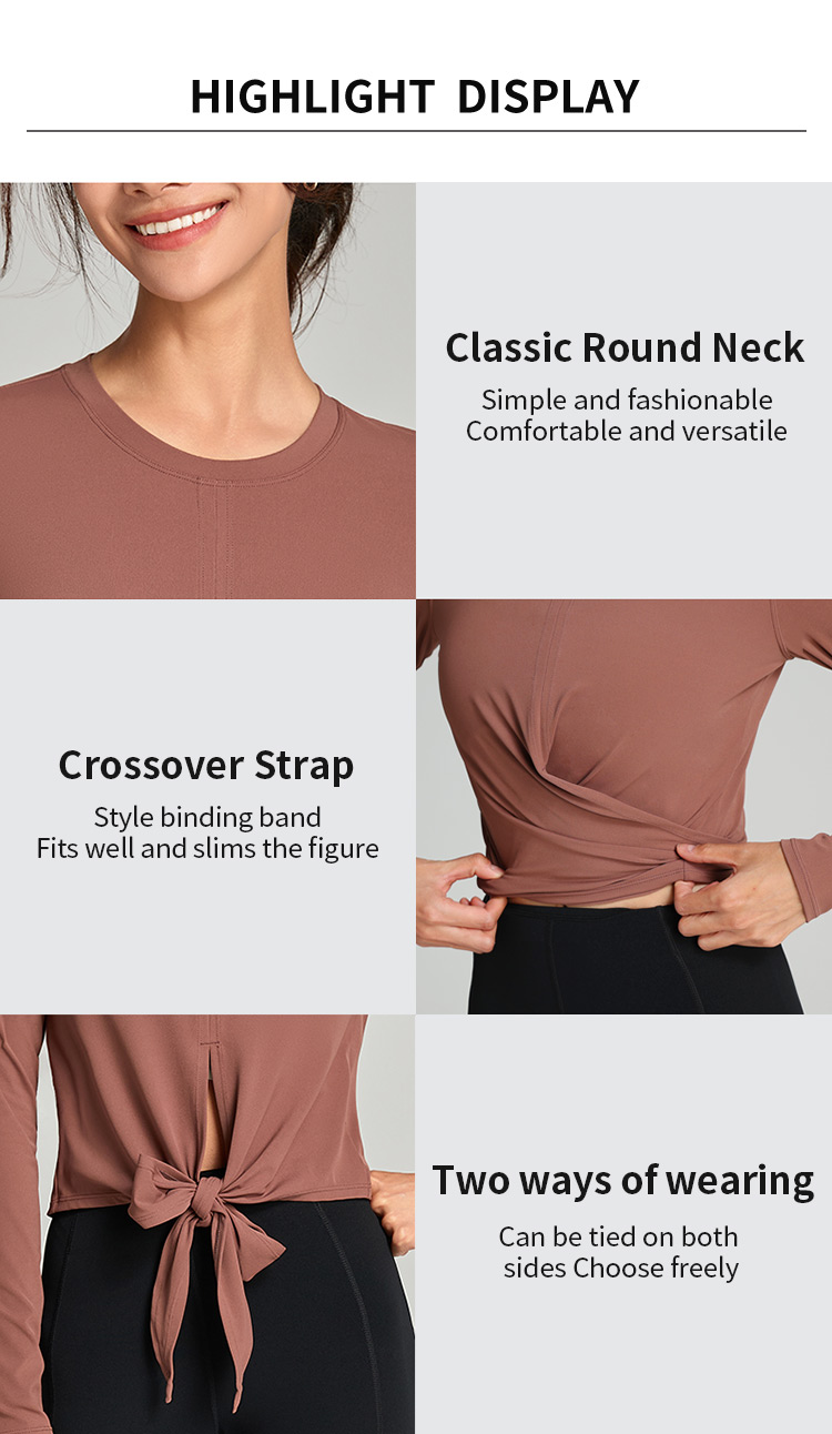 Cross Waist Long Sleeve Top Round Neck Soft Stretchy Slim Fitted Tops