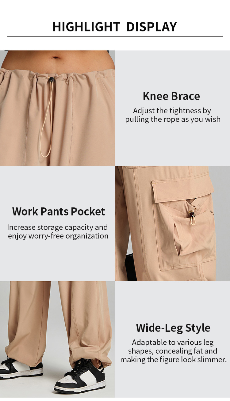 Women's Elastic Waist Cargo Pants, Wide Leg Drawstring Trousers with Multi-Pockets