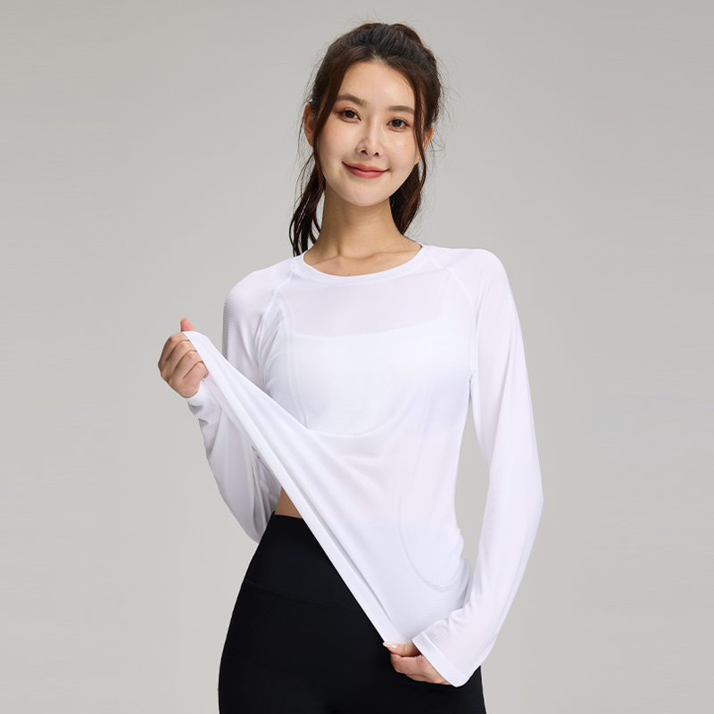 Quick-dry Seamless Slip-Shoulder Long Sleeves Top With Bar Texture Design