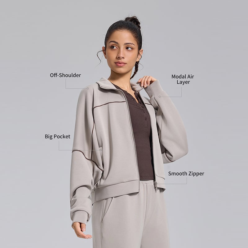 Modal Color-Blocking Stripes Jacket | Smooth Zipper Big Pocket Casual Athleisure Top