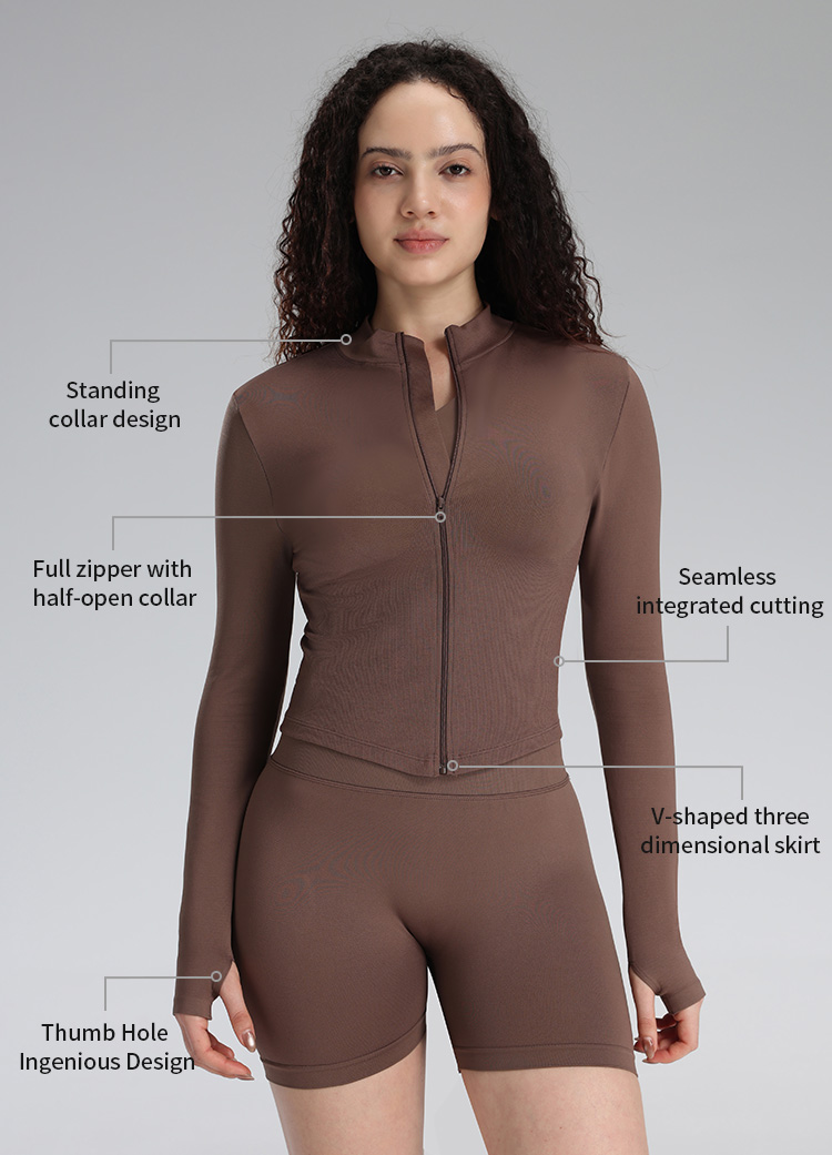 Seamless Stand Collar V Hem Slim Fit Full Zip Jacket