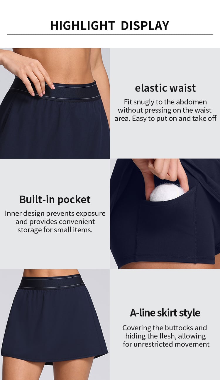 Elastic Waistband A-line Tennis Skirt with Pocket - 4-Way Stretch Breathable Athletic Skirt-Shorts factory