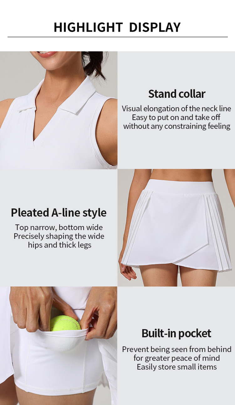 Quick-Dry Tennis Set Sleeveless Polo Top + Pleated Skirt w/ Built-In Bra & Ball Pocket factory