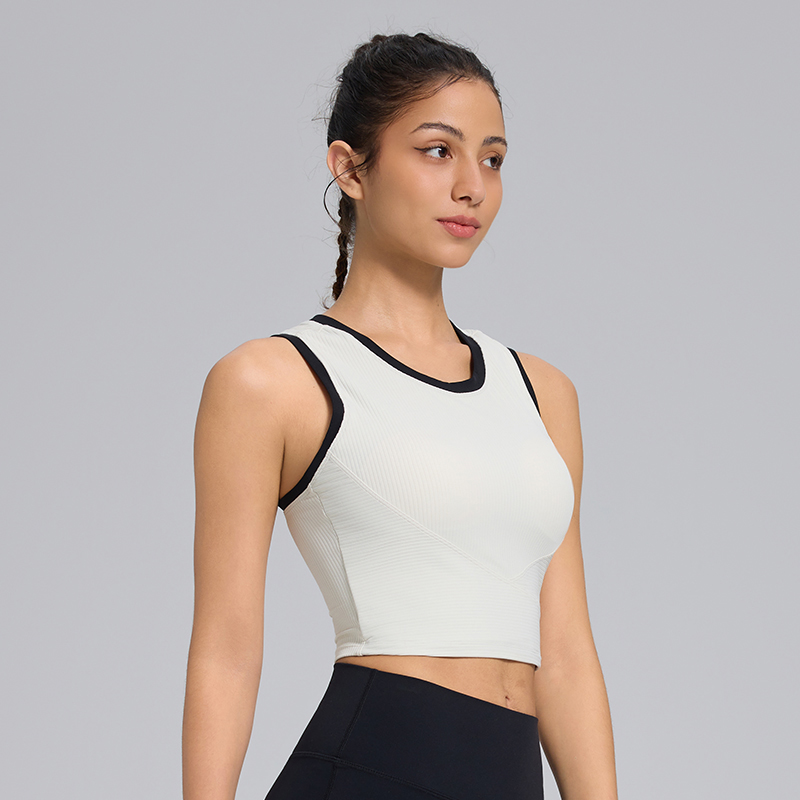 Front Ribbed Cross Lines Design One-Piece Cup Sports Crop Tanks Tops