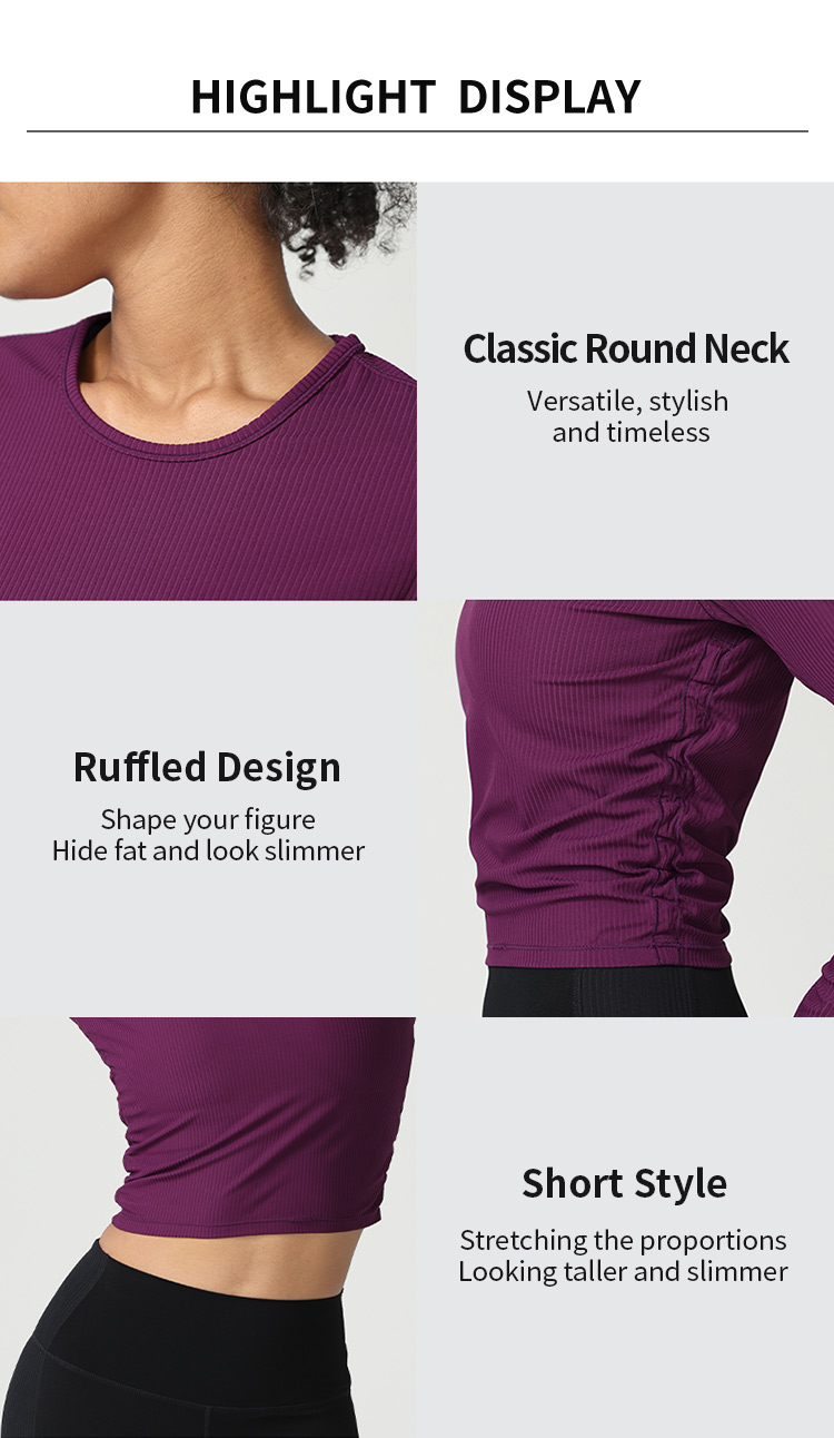 Round Neck Slim Fit Ribbed Long Sleeves T-shirt With Side Ruched Designer