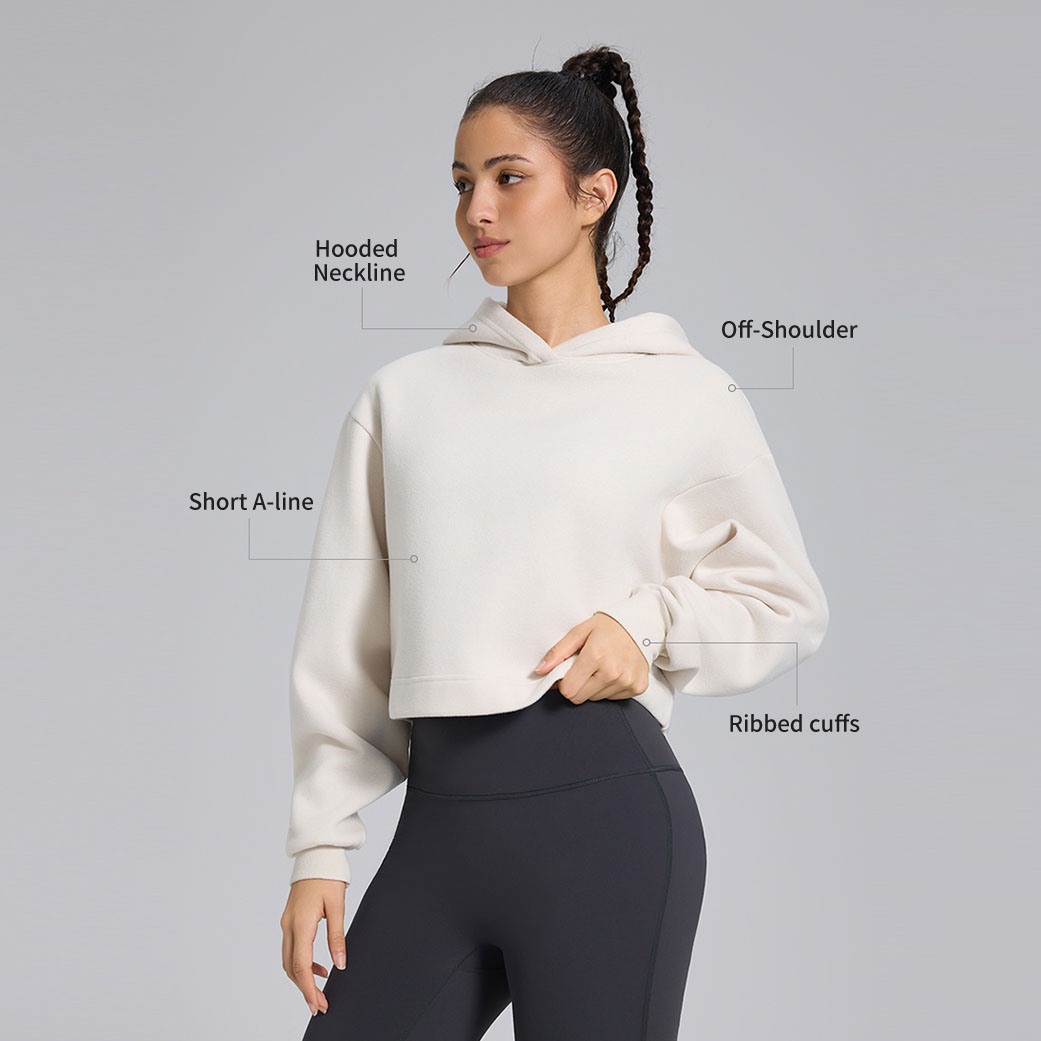 Sweat-shirt court à épaules dénudées – coupe A-line, poignets côtelés, haut décontracté pour sport