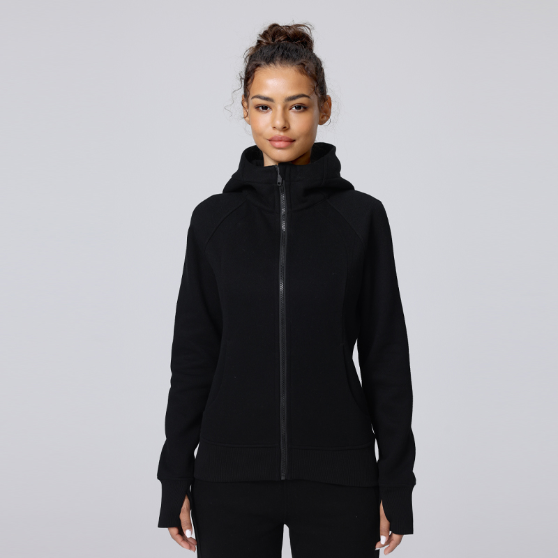 Hooded High-Neck Zip-Up Jacket with Thumb Holes, Trim Fit for Yoga & Outdoor
