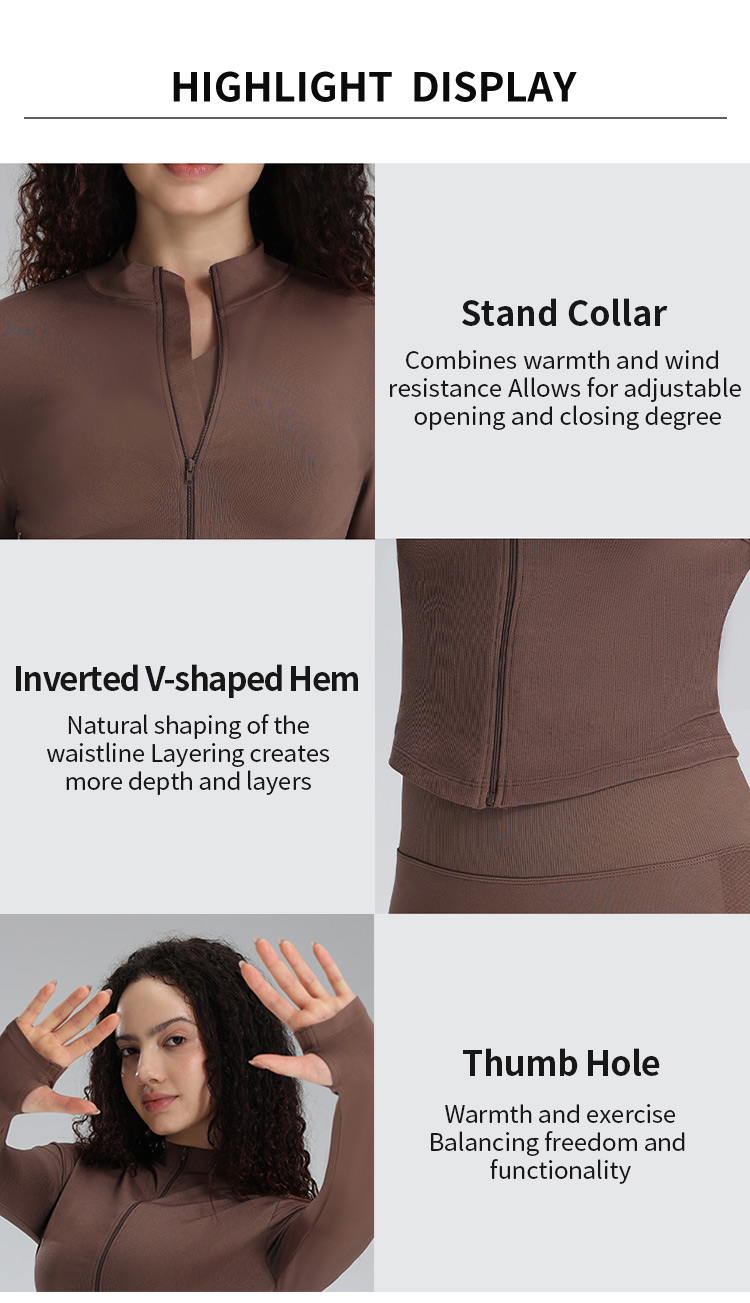 Seamless Stand Collar V Hem Slim Fit Full Zip Jacket
