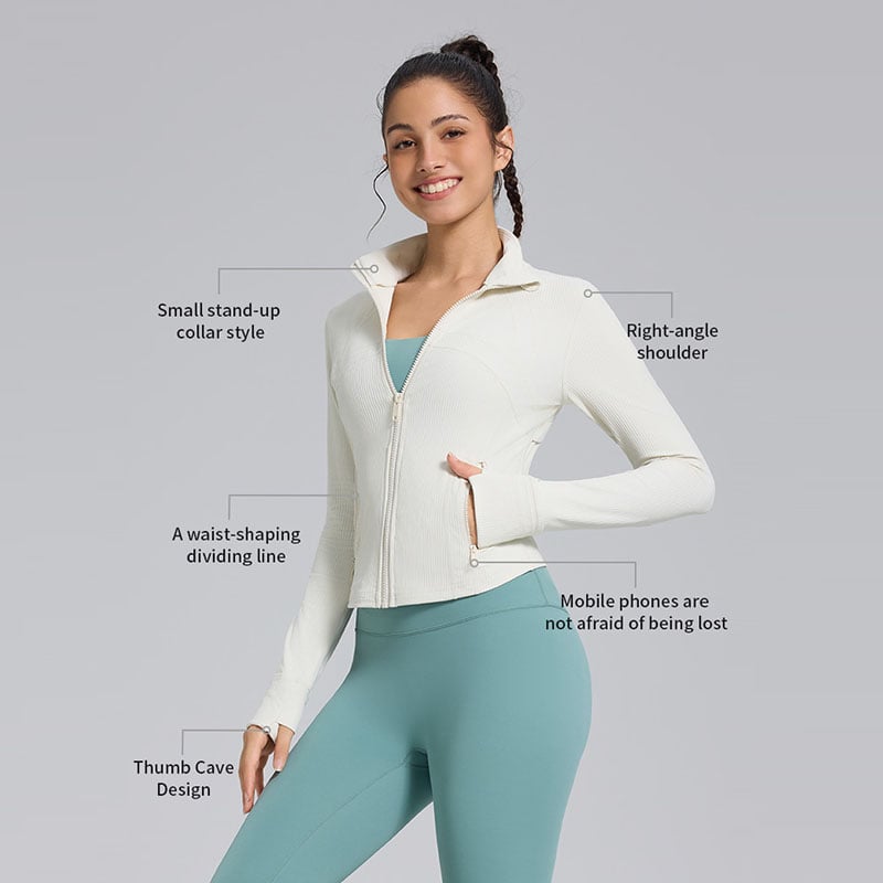 Full Zipper Slim Ribbed Sports Yoga Jacket With Pockets
