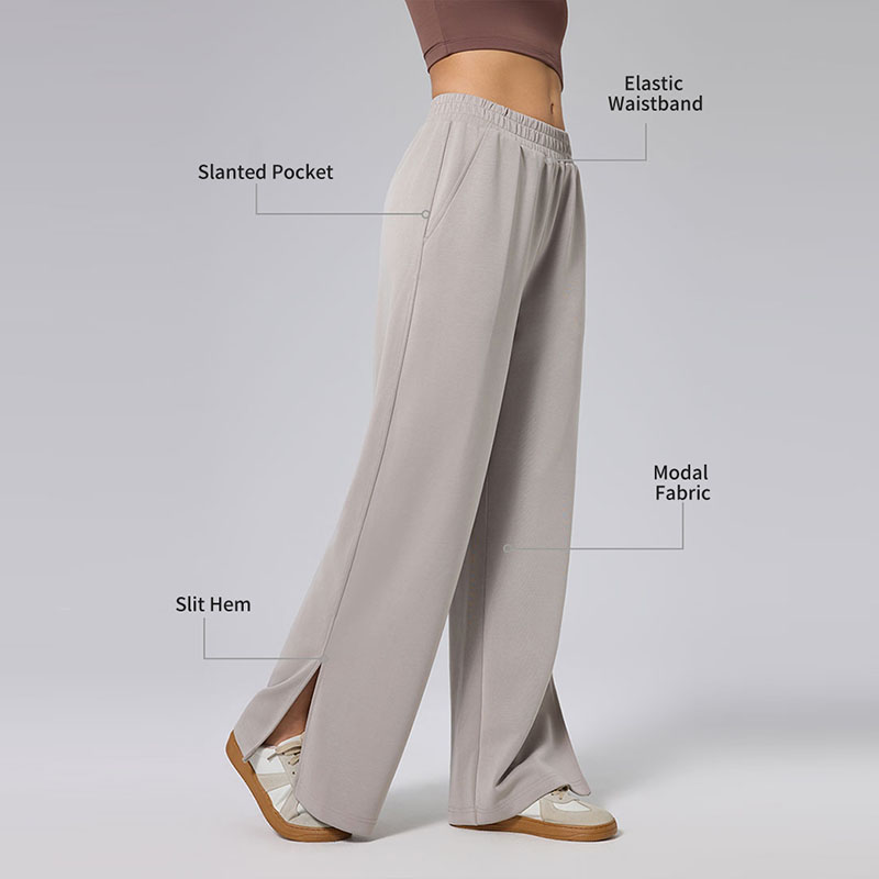 Modal Wide Leg Pants with Elastic Waist Slant Pockets & Slit Hem for Leisure Sports & Routine Commuting