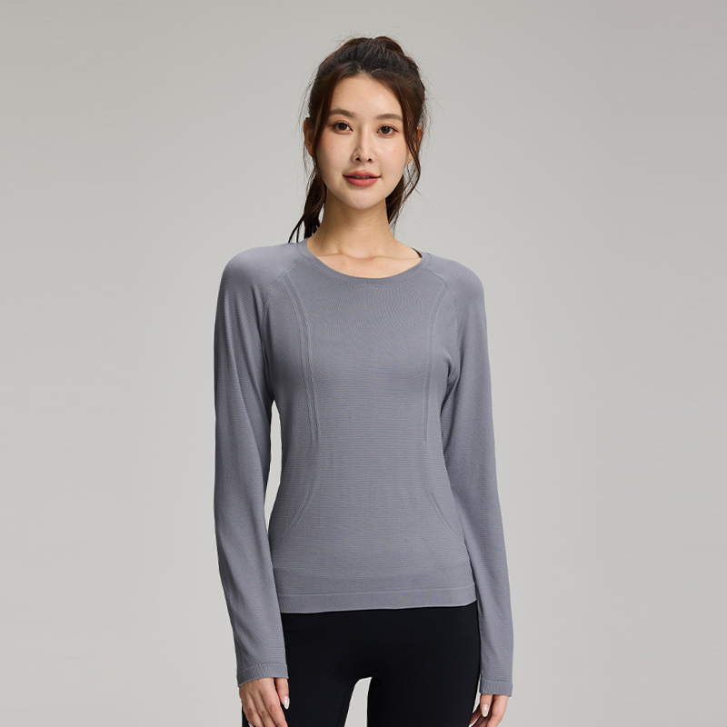 Quick-dry Seamless Slip-Shoulder Long Sleeves Top With Bar Texture Design