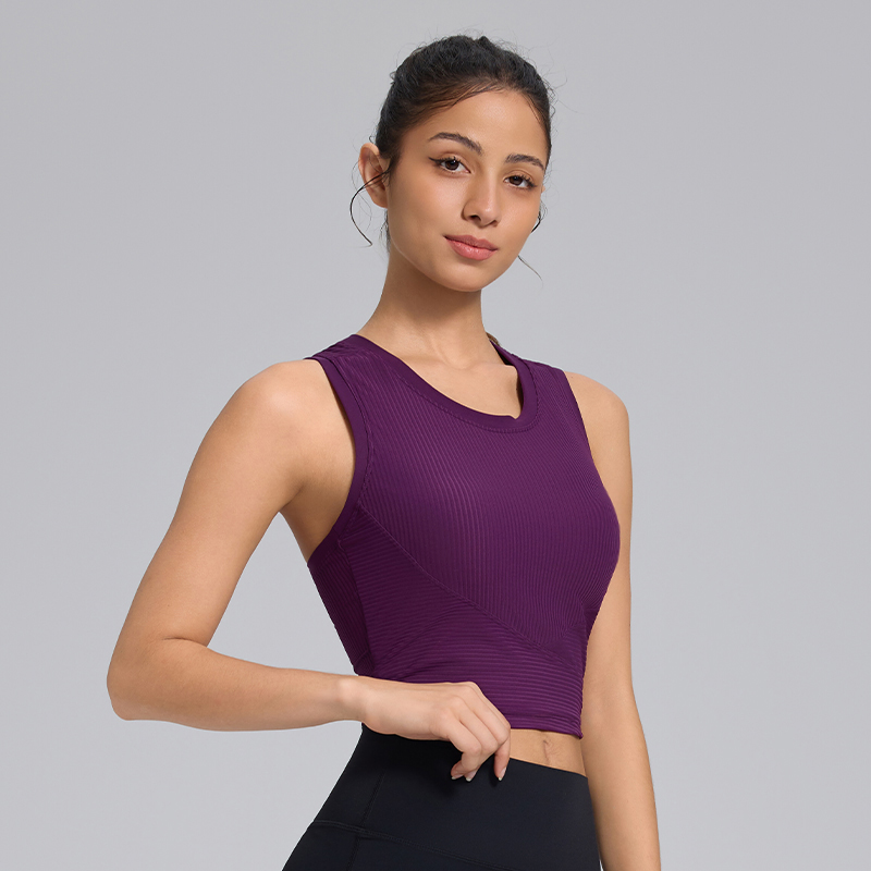 Front Ribbed Cross Lines Design One-Piece Cup Sports Crop Tanks Tops