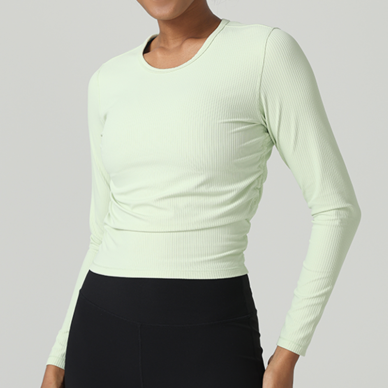 Round Neck Slim Fit Ribbed Long Sleeves T-shirt With Side Ruched Designer