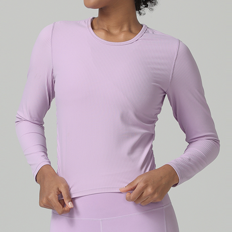 Round Neck Slim Fit Ribbed Long Sleeves T-shirt With Side Ruched Designer