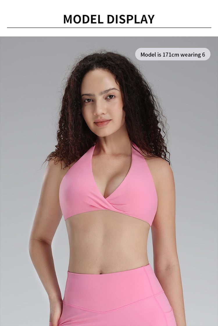 V Neck Halter Sports Bra with Removable Pads Front Twist Desig details
