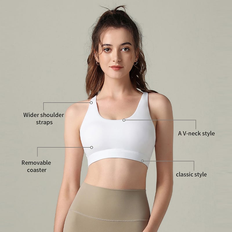 Bra sport feminin cu decolteu în V – bretele largi, umpluturi detașabile, spate încrucișat