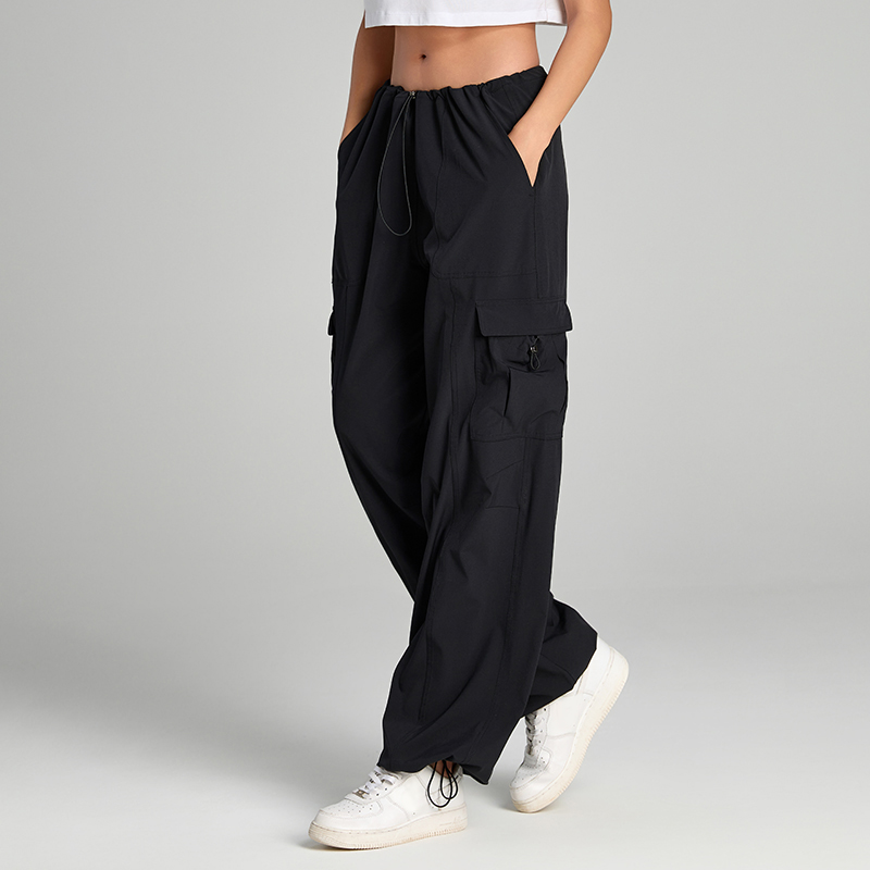 Women's Elastic Waist Cargo Pants, Wide Leg Drawstring Trousers with Multi-Pockets