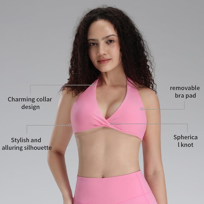 Bra sport feminin cu decolteu în V și bretea halter, cu umpluturi detașabile și detaliu frontal torsionat
