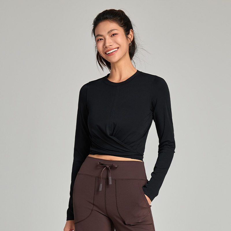 Cross Waist Long Sleeve Top Round Neck Soft Stretchy Slim Fitted Tops