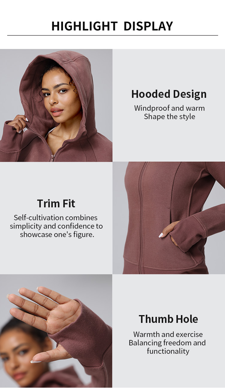 Hooded High-Neck Zip-Up Jacket with Thumb Holes, Trim Fit for Yoga & Outdoor