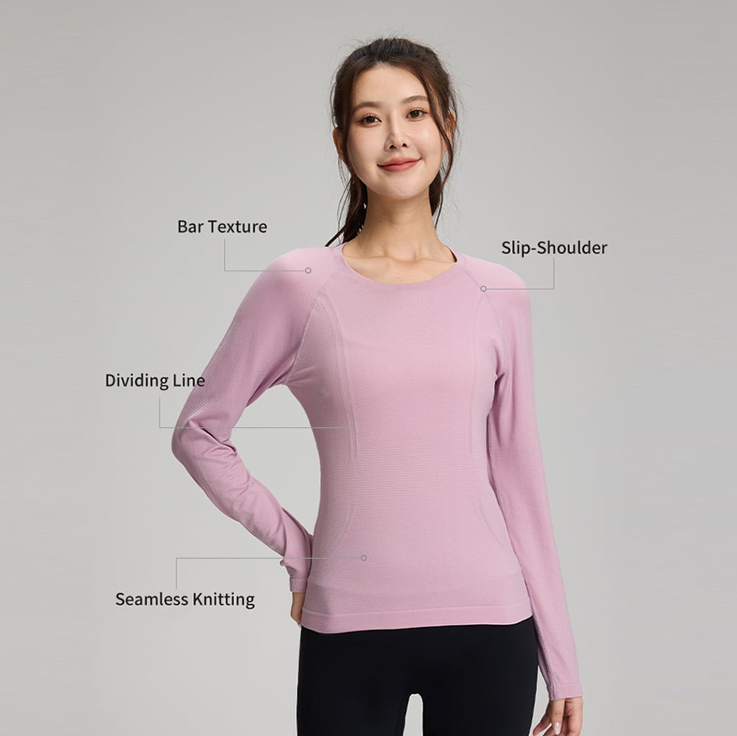 Quick-dry Seamless Slip-Shoulder Long Sleeves Top With Bar Texture Design