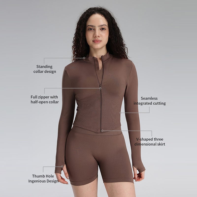 Seamless Stand Collar V Hem Slim Fit Full Zip Jacket