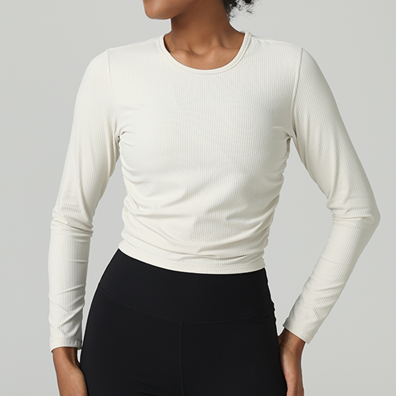 Round Neck Slim Fit Ribbed Long Sleeves T-shirt With Side Ruched Designer