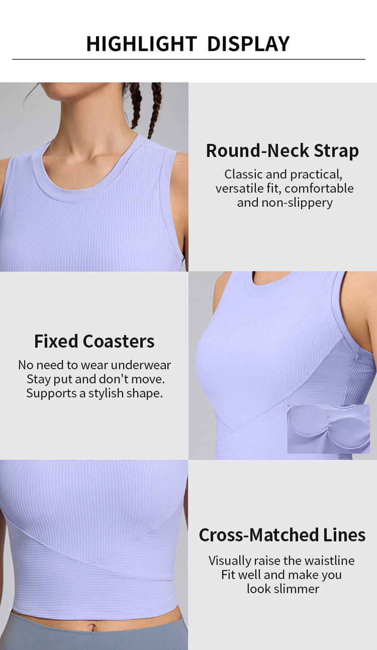 Front Ribbed Cross Lines Design One-Piece Cup Sports Crop Tanks Tops