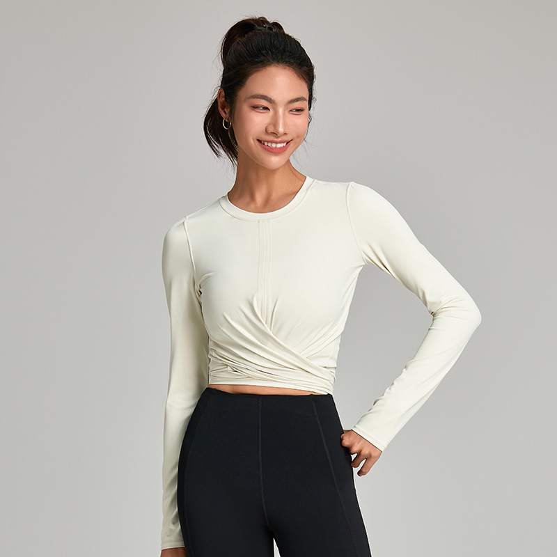 Cross Waist Long Sleeve Top Round Neck Soft Stretchy Slim Fitted Tops