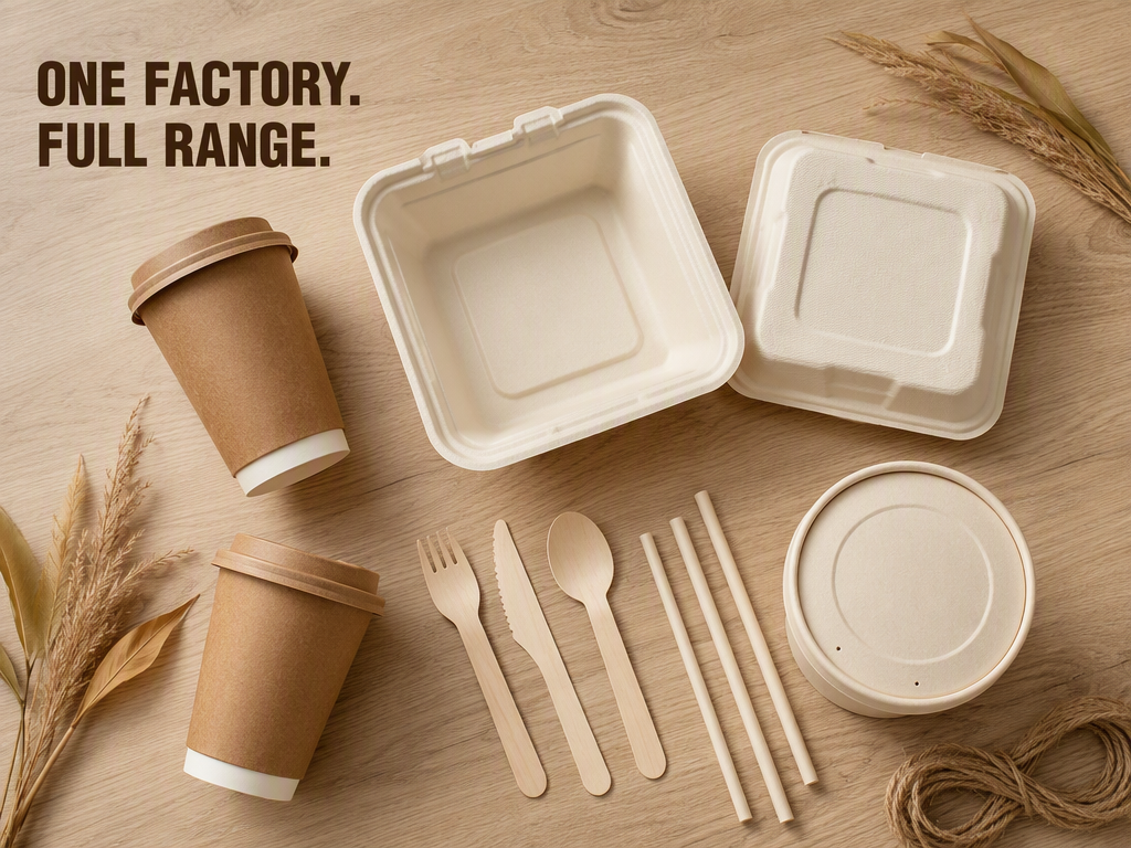 Full Foodservice Packaging from One Factory: Bagasse, Paper Cups, Cutlery & More