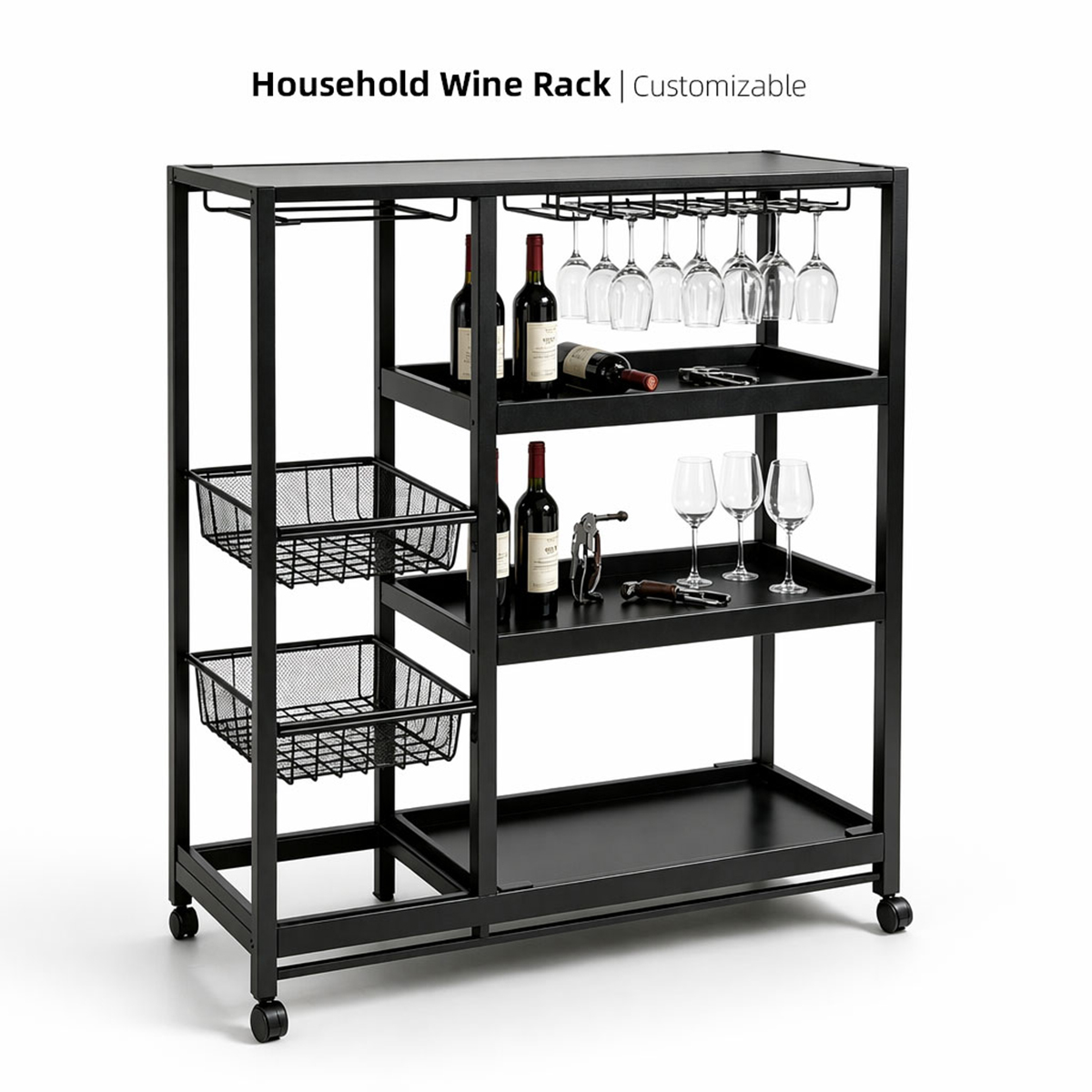 Mobile Wine Bar Cart | Custom Steel Fabrication for Home Bar & Cafe Storage
