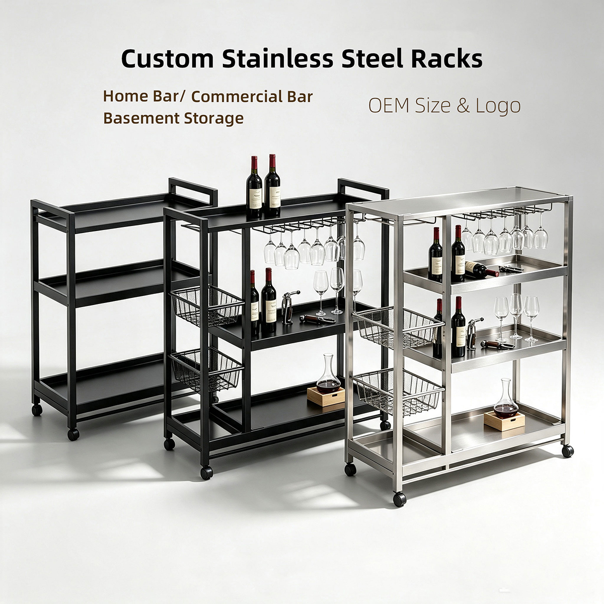 Mobile Wine Bar Cart | Custom Steel Fabrication for Home Bar & Cafe Storage
