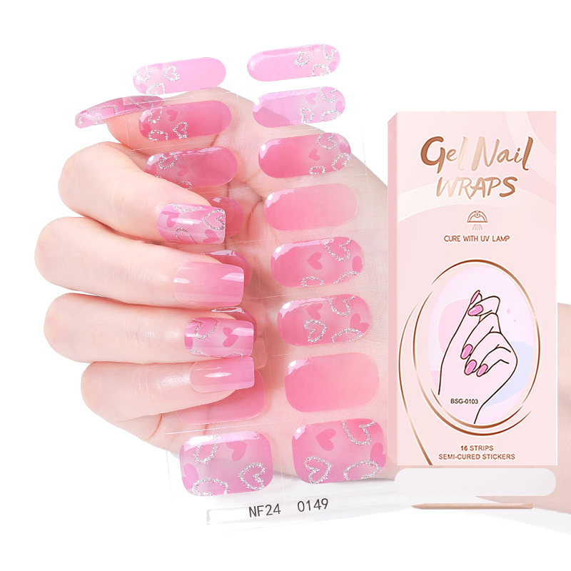 New Arrival Valentine's Day Heart Semi Cured Gel Nail Sticker Uv Nails Gel Polish Kit Nail Gel Strip