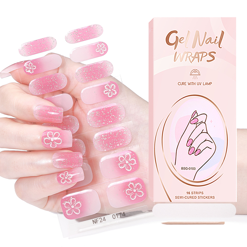 Factory Direct Wholesale Gold Foil Semi Cured Gel Nail Strips French Nail Stickers with UV Lamp