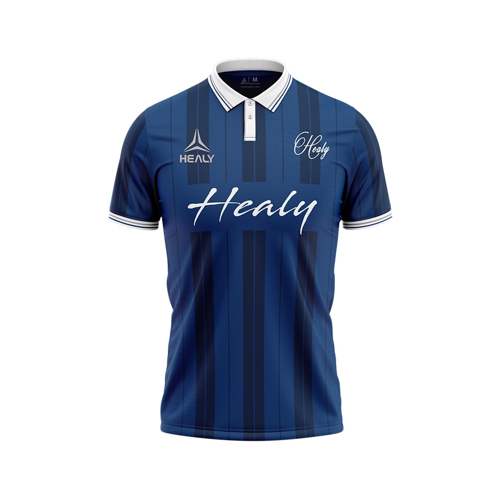 Pruhovaný tmavomodrý polo s V-výstřihem a knoflíky – fotbalový dres