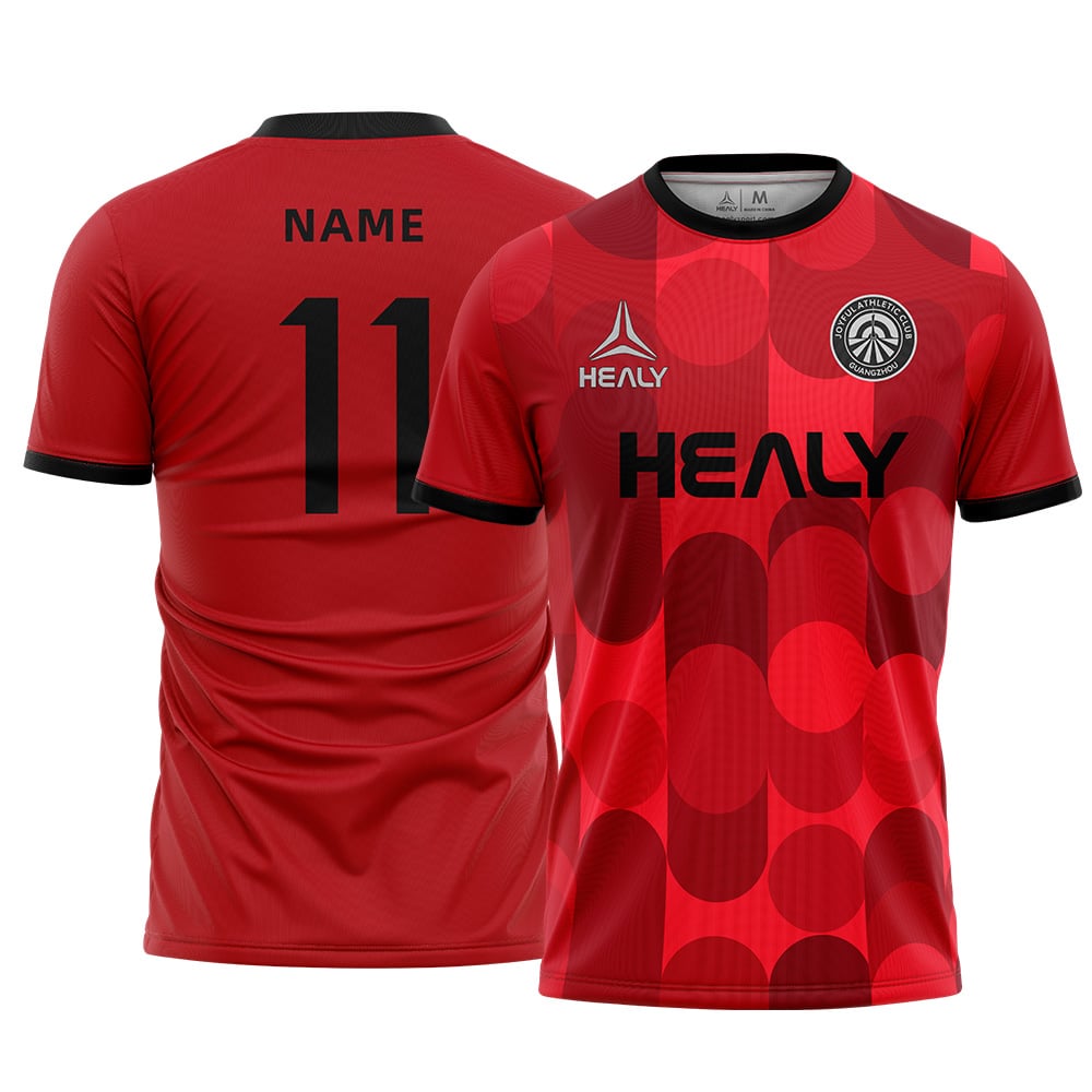 Custom Made Digital Printing Design Red Dot Football Shirt 160gsm 100% Polyester Quick Dry Lightweight Soccer Jersey Men