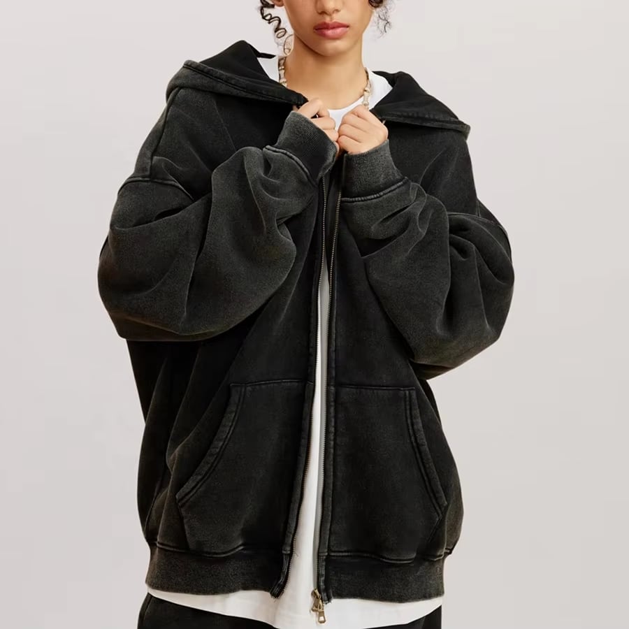 Nadměrně velká vintage mikina s kyselým praním a zipem, unisex, těžká černá mikina se kapuci, streetwear svetr bez potisku