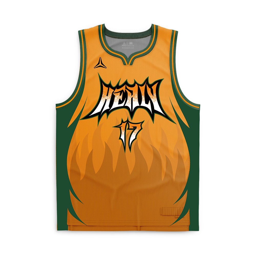 Stylový individuální dres pro basketbal s číslem – mužský dres v oranžové a zelené barvě, dýchatelný, odvádějící pot