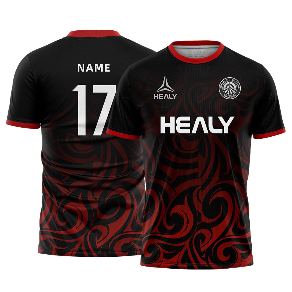 100% Polyester Breathable Crew Neck Sport Shirt Custom Printed Soccer Jersey Black Red Pattern Football Uniform High Quality