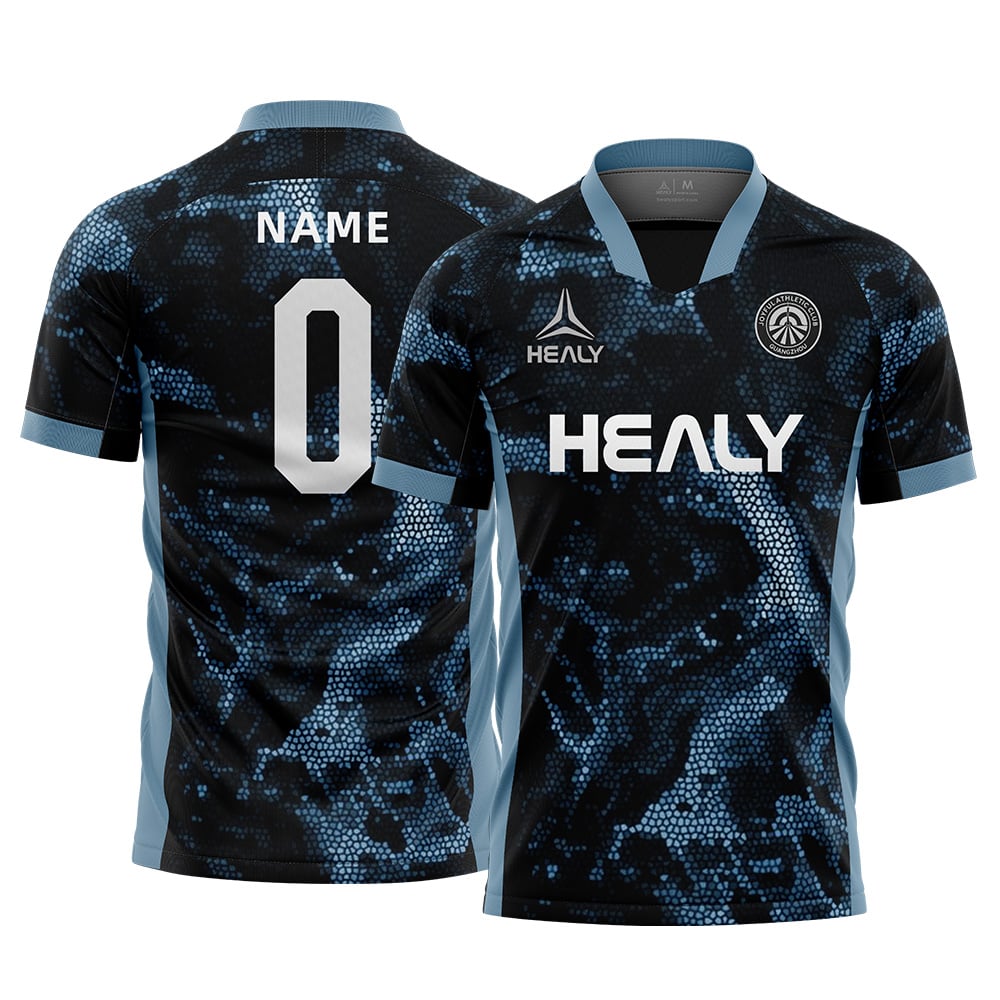 Custom Fashion Styled Short Sleeve All Seasons Football Shirt Black and Light Blue Honeycomb Pattern Soccer Uniform Breathable