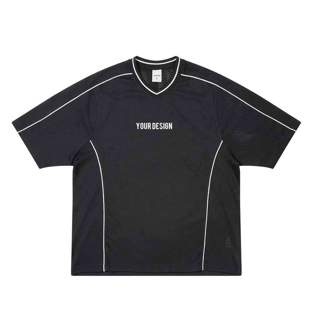 Mužský retro fotbalový dres s V-výstřihem na objednávku s lištami, volný, převelký, jednobarevný síťový sportovní tričkový model pro potisk