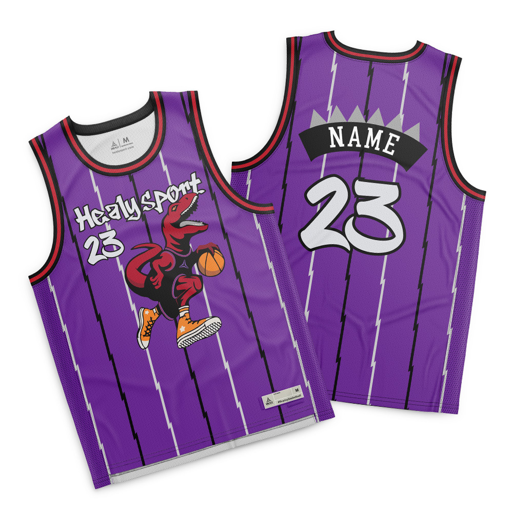 Healy Custom Purpurová košile pro basketbal s retro potiskem druhohorního ještěra a bleskových pruhů, dýchavá síťová bezruká košile