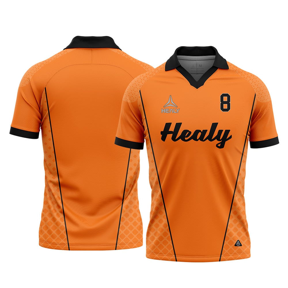 Healy živý oranžový fotbalový dres, klasická sportovní unifrom s polokošilem, odolný, pohodlný, digitální potisk podle přání