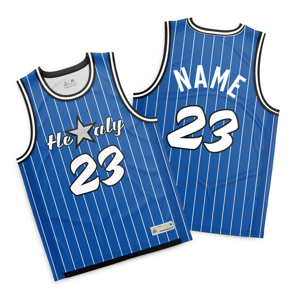 Healy Vintage modrý košile s tenkými bílo-černými proužky pro basketbal, dýchavá síťovina z polyesteru, možnost přizpůsobit jméno a číslo