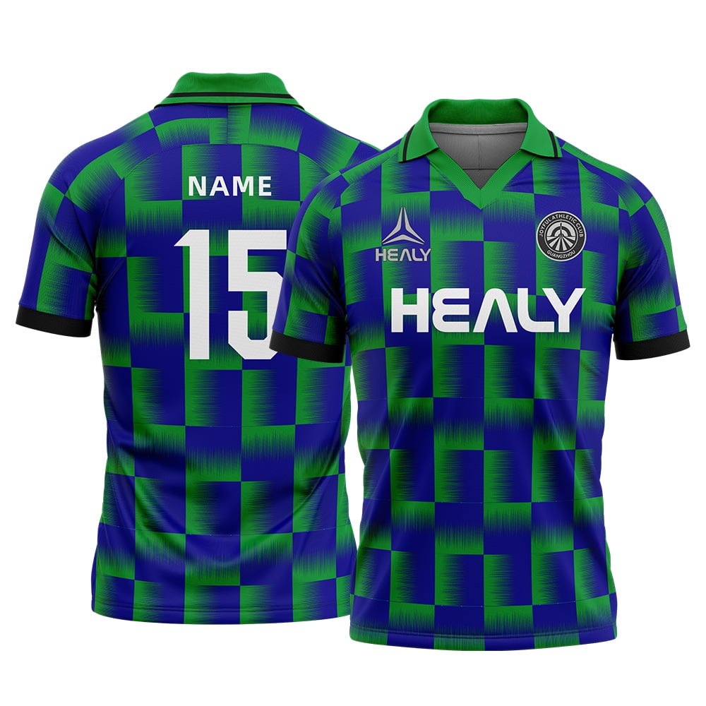 Jersei personalitzat de futbol en camisa polo amb motius blaus i verds i impressió digital de logotip; tela còmoda i transpirable; uniforme de futbol per a homes