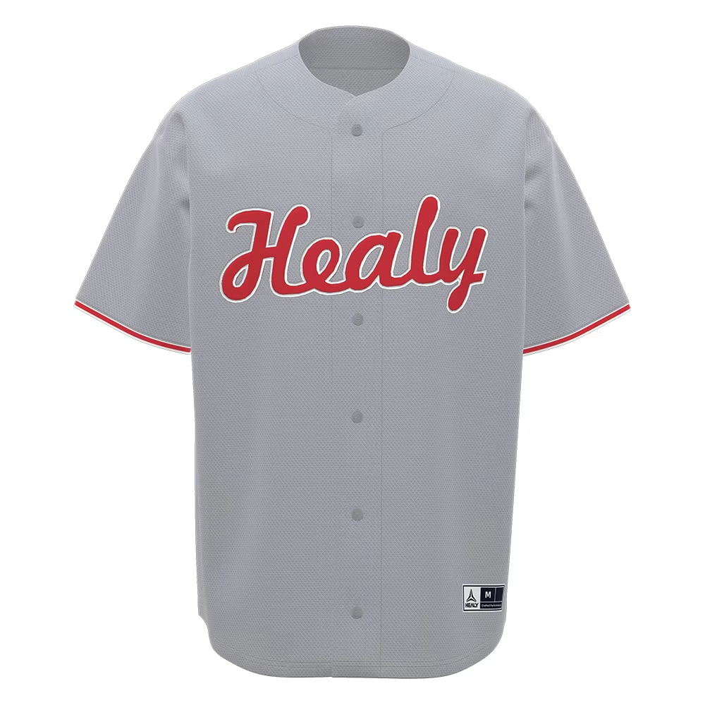 Americký retro baseballový dres značky HEALY ve šedé a červené kontrastní barvě, dýchavý síťový sportovní top s krátkými rukávy pro městský styl
